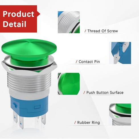 APIELE 22mm 10A Mushroom Head Momentary Push Button Switch IP65 Waterproof DPST 2NO Push Button 12V 24V 36V DC 110V 250V AC 10A (Green, 22MM) in Kuwait