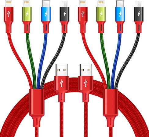 كابل شحن USB متعدد 4A، سلك شحن مجدول 4 في 1، سلك شاحن متعدد، كابل USB متعدد مع محول منافذ IP/USB C/Micro للهواتف المحمولة/الأجهزة اللوحية/سامسونج/بيكسل/PS/LG والمزيد (2 حزمة/4 أقدام ) in Saudi Arabia