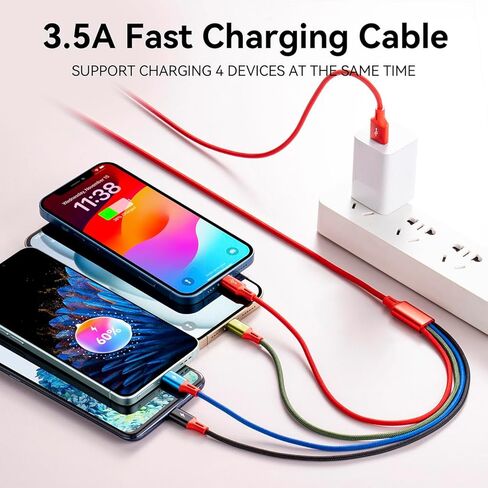 كابل شحن USB متعدد 4A، سلك شحن مجدول 4 في 1، سلك شاحن متعدد، كابل USB متعدد مع محول منافذ IP/USB C/Micro للهواتف المحمولة/الأجهزة اللوحية/سامسونج/بيكسل/PS/LG والمزيد (2 حزمة/4 أقدام ) in Saudi Arabia