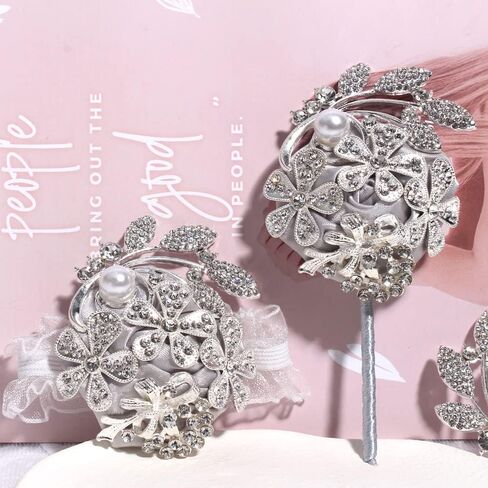 WANLIAN Wrist Corsage with Peal and Rhinestone Corsage and Boutonniere Set for Wedding,Prom,Party (Silver Gray，2 Pieces) in Saudi Arabia
