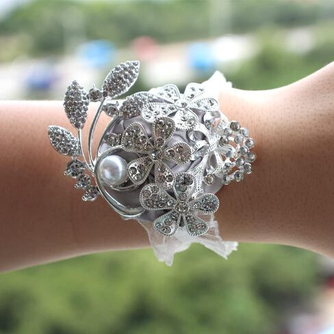 WANLIAN Wrist Corsage with Peal and Rhinestone Corsage and Boutonniere Set for Wedding,Prom,Party (Silver Gray，2 Pieces) in Saudi Arabia