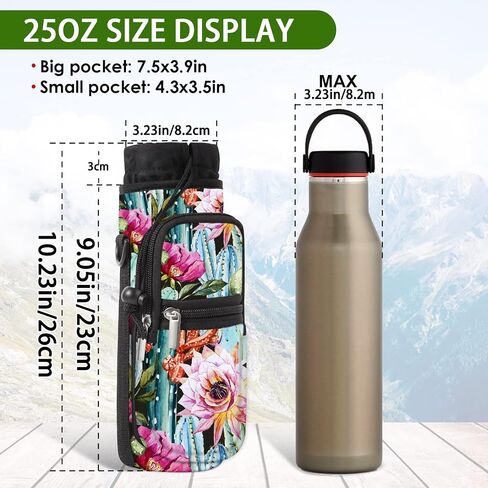 Water Bottle Carrier Bag Holder 25oz 32oz 40oz 64oz Insulated Crossbody Water Bottle Sling Sleeve Case Cover with Strap Pockets for Men Women School Walking Hiking Running (25oz, cactus) in Saudi Arabia