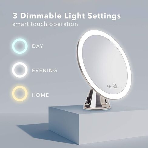 مرآة مكياج مكبرة بإضاءة LED 10 مرات من Fancii، قابلة لإعادة الشحن - 3 إعدادات إضاءة ثلاثية الألوان قابلة للتعتيم، مرآة زينة بالشفط، لمسة نهائية معدنية، مرآة حمام للسفر بدون سلك - لانا (كروم) in Kuwait