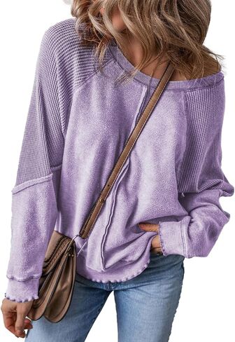 Maketina Womens Waffle Knit Patchwork Sweatshirt Crew Neck Long Sleeve Exposed Seam Raglan Pullover Tunic Tops in Saudi Arabia