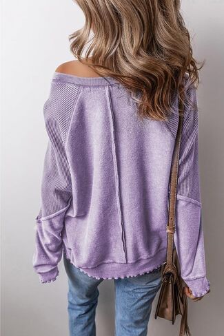 Maketina Womens Waffle Knit Patchwork Sweatshirt Crew Neck Long Sleeve Exposed Seam Raglan Pullover Tunic Tops in Saudi Arabia