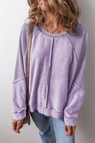Maketina Womens Waffle Knit Patchwork Sweatshirt Crew Neck Long Sleeve Exposed Seam Raglan Pullover Tunic Tops in Saudi Arabia