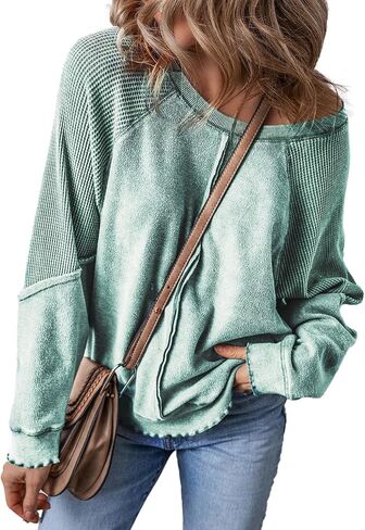 Maketina Womens Waffle Knit Patchwork Sweatshirt Crew Neck Long Sleeve Exposed Seam Raglan Pullover Tunic Tops in Saudi Arabia