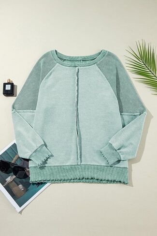Maketina Womens Waffle Knit Patchwork Sweatshirt Crew Neck Long Sleeve Exposed Seam Raglan Pullover Tunic Tops in Saudi Arabia