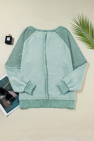 Maketina Womens Waffle Knit Patchwork Sweatshirt Crew Neck Long Sleeve Exposed Seam Raglan Pullover Tunic Tops in Saudi Arabia