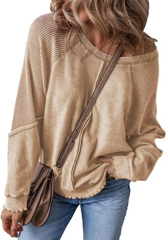 Maketina Womens Waffle Knit Patchwork Sweatshirt Crew Neck Long Sleeve Exposed Seam Raglan Pullover Tunic Tops in Saudi Arabia
