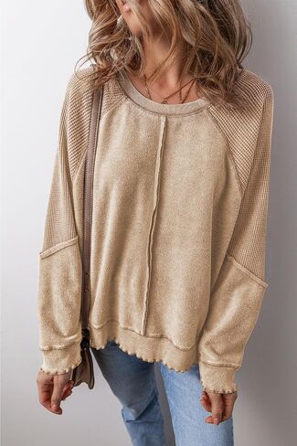 Maketina Womens Waffle Knit Patchwork Sweatshirt Crew Neck Long Sleeve Exposed Seam Raglan Pullover Tunic Tops in Saudi Arabia