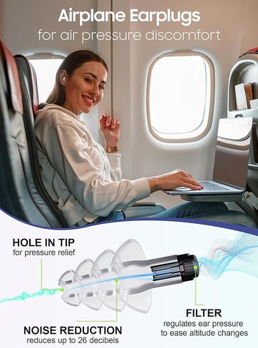 سدادات أذن لتخفيف ضغط الأذن بالطائرة، زوجان من سدادات الأذن السيليكون الناعمة القابلة لإعادة الاستخدام للبالغين 26 ديسيبل، مع سلك موصل من السيليكون، أساسيات السفر للطيران، سدادات حماية الأذن للطائرة in Kuwait
