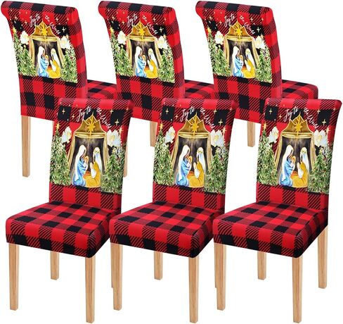6 قطع من أغطية كراسي تناول الطعام في عيد الميلاد من موكيرين، غطاء مقعد المهد منقوش بوفالو قابل للتمدد وقابل للغسل وقابل للغسل، واقي كرسي لعيد الميلاد وحفلات الطعام وغرفة الطعام ديكور المنزل in Kuwait