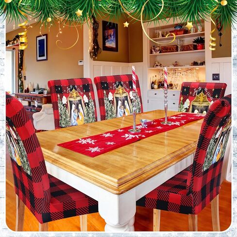6 قطع من أغطية كراسي تناول الطعام في عيد الميلاد من موكيرين، غطاء مقعد المهد منقوش بوفالو قابل للتمدد وقابل للغسل وقابل للغسل، واقي كرسي لعيد الميلاد وحفلات الطعام وغرفة الطعام ديكور المنزل in Kuwait