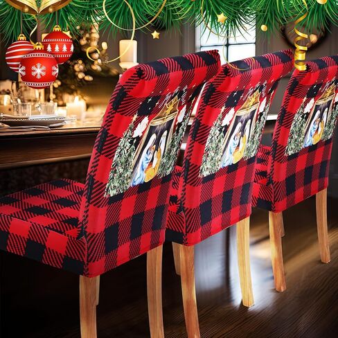 6 قطع من أغطية كراسي تناول الطعام في عيد الميلاد من موكيرين، غطاء مقعد المهد منقوش بوفالو قابل للتمدد وقابل للغسل وقابل للغسل، واقي كرسي لعيد الميلاد وحفلات الطعام وغرفة الطعام ديكور المنزل in Kuwait