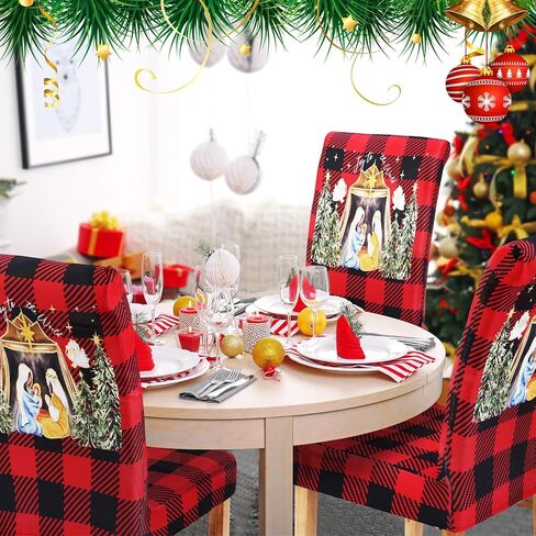 6 قطع من أغطية كراسي تناول الطعام في عيد الميلاد من موكيرين، غطاء مقعد المهد منقوش بوفالو قابل للتمدد وقابل للغسل وقابل للغسل، واقي كرسي لعيد الميلاد وحفلات الطعام وغرفة الطعام ديكور المنزل in Kuwait