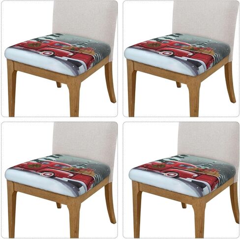 Christmas Red Truck Dining Square Chair Seat Covers 16.9 in Four Pieces, Stretch Fitted Couch Cushion Cover Replacement Removable, Chair Slipcovers for Home Holiday Decoration in Saudi Arabia