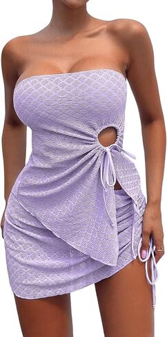 Milumia Women's 3 Piece Ring Linked Drawstring Bandeau Bikini Swimsuits with Cover Up Skirt in Saudi Arabia