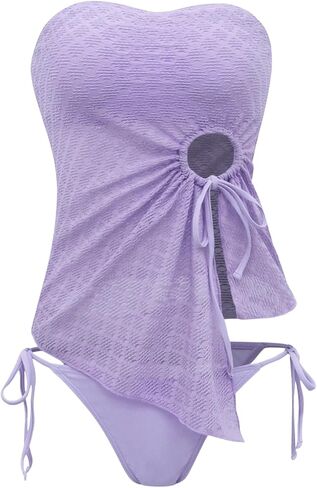 Milumia Women's 3 Piece Ring Linked Drawstring Bandeau Bikini Swimsuits with Cover Up Skirt in Saudi Arabia