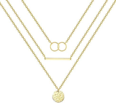 قلادة Harlorki Dainty بسيطة مطلية بالذهب عيار 14 قيراط بطبقات سلسلة ربط على شكل مثلث وقلادة على شكل قرص مطروق هدية مجوهرات عصرية للسيدات والنساء in Kuwait