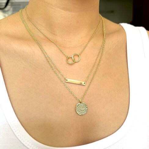 قلادة Harlorki Dainty بسيطة مطلية بالذهب عيار 14 قيراط بطبقات سلسلة ربط على شكل مثلث وقلادة على شكل قرص مطروق هدية مجوهرات عصرية للسيدات والنساء in Kuwait