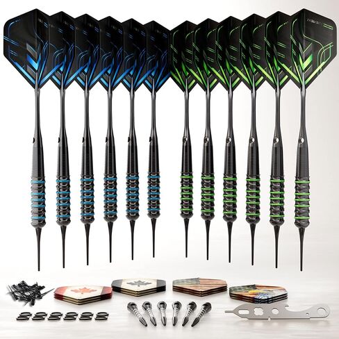 12 X 18g Premium Soft Tip Darts Set | Plastic Tip Darts | - 18 Grams Darts for Electronic Dartboard | 24 Flights & 18 shafts + Extra Soft Tips, Dart Tool, Rubber O-Rings in Saudi Arabia