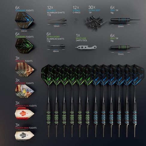 12 X 18g Premium Soft Tip Darts Set | Plastic Tip Darts | - 18 Grams Darts for Electronic Dartboard | 24 Flights & 18 shafts + Extra Soft Tips, Dart Tool, Rubber O-Rings in Saudi Arabia