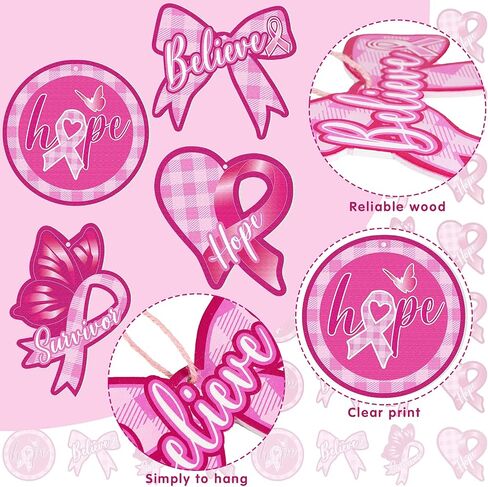 Breast Cancer Awareness Wooden Ornaments Pink Ribbon Hanging Ornaments Breast Cancer Decorations Hanging Wooden Slices for Women Breast Cancer Awareness Party Supplies Home Decoration (12) in Saudi Arabia