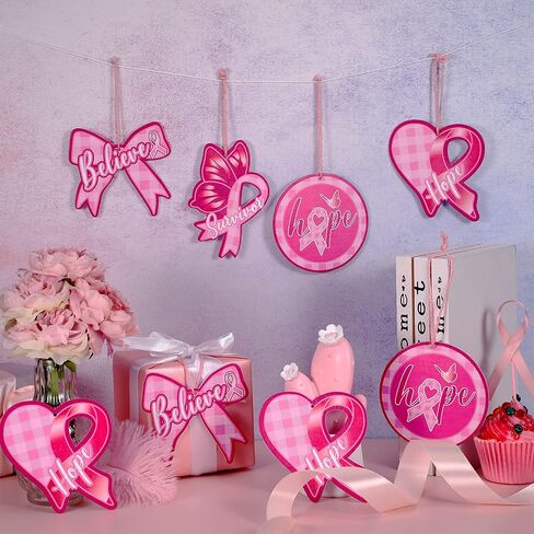 Breast Cancer Awareness Wooden Ornaments Pink Ribbon Hanging Ornaments Breast Cancer Decorations Hanging Wooden Slices for Women Breast Cancer Awareness Party Supplies Home Decoration (12) in Saudi Arabia