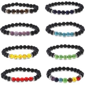 Create idea 8Pcs 8mm Chakras Lava Rock Bracelets Set 7-Colored Aromatherapy Essential Oil Diffuser Elastic Stone Bead Yoga Bangle Men Women