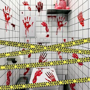 Halloween Caution Tape, 20 FT Fright Tape with 12 PCS Halloween Decoration Stickers, Zombie Caution Tape for Yard, Horror Handprints Footprints Stickers for Haunted House, Party