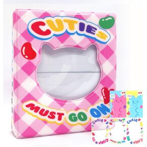 Generic 3 Inch Kpop Photocard Binder, Cute Cat Hollow Mini Holder Sleeve Collect Book Photo Album with 80 Pockets, 3 Transparent Decor Cards, Pink Plaid