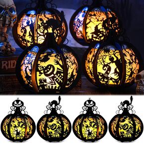 6 قطع من صناديق فانوس الهالوين مع شموع LED على شكل قرع قطع مركزية للطاولة وأضواء اليقطين الورقية مصنوعة يدويًا من فانوس شبح اليقطين على شكل قطة مع أضواء LED لتزيين الهالوين in Kuwait