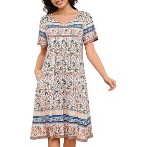 Womens Nightgown Short Sleeve House Dress with Pockets-Floral Print Mumu Dress S-3XL