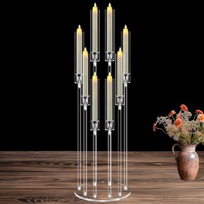 2 Set 8 Arm Acrylic Candle Holder, Mjkeomo 38.5'' Tall Candelabra Centerpieces for Tables Clear Candlesticks Holder with Lampshade for Housewarming Gift Fireplace Dinner Decor Fit 0.87'' LED Candle