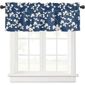 Curtain Valance 42" x 12", Navy Blue Spring Floral Window Valances Rod Pocket Curtains Drapes, Pastoral Summer Botanical Birds Short Topper Curtain for Kitchen Cafe Living Room, 1 Panel