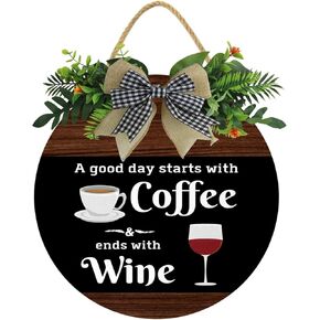 KPSheng A Good Day Starts With Coffee Ends With Wine Sign, Rustic Wood Framed Coffee Signs 12" Wall Mount Hanging Art for Home, Kitchen, Coffee Bar Farmhouse Décor Home Wall Decor