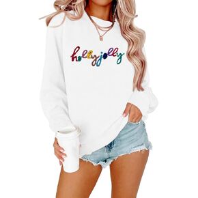 ASTANFY عيد الميلاد الترتر بلوزات المرأة جولي رقعة لامعة براقة Crewneck سترة عيد الميلاد كم طويل البلوز