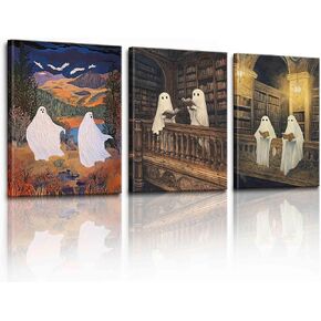 XOIHUR 3Piece Funny Ghost Retro Halloween Cute Ghost Library Reading Posters Wall Art Forest Dark Academy Decorative Painting Funny Ghost Picture Print 12x16x3 Inch Unframed