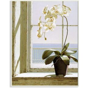 Stupell Industries White Orchid in Window Realistic Coastal Painting, Designed by Zhen-Huan Lu Wall Art, 16x20, Grey Framed
