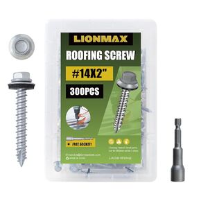 LIONMAX Metal Roofing Screws #14 × 2 Inch, 300-PCS, Zinc Plated Hex Head Sheet Metal Roof Screws, Rubber Washer, Sharp Point, Metal to Wood Siding Screw, Hex Socket Included