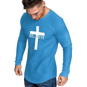 Men's Long Sleeve Crewneck Graphic Tee Believe Cross Print Christian Shirts Workout Shirts in Kuwait
