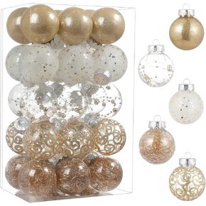 YYHUAWU Clear Christmas Ball Ornaments Set, 30pcs 2.36" Shatterproof Large Clear Plastic Hanging Christmas Tree Ornaments Sets Ball Decorative with Stuffed Delicate Decorations- Champagne.