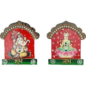 Auspicious Shubh Labh Wooden MDF Laxmi Ganesh Wall Hanging Bandanwar Door Wall Hanging for Festival Decorations Handmade Indian Traditional Religious Showpiece for Home Temple Décor(Size :-4"X5")(Red)
