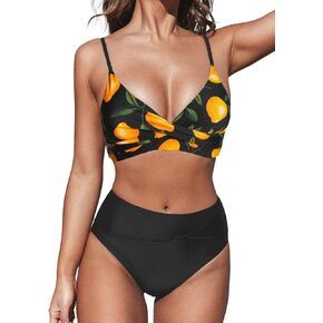 CUPSHE Bikini Sets for Women Two Piece Swimsuits High Waisted Twist Front Adjustable Spaghetti Straps V Neck Back,XL Red Floral