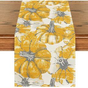 Artoid Mode Yellow Line Pumpkins Fall Table Runner, Seasonal Autumn Orange Kitchen Dining Table Decoration for Home Party Decor 13x72 Inch