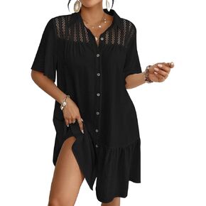 Bsubseach Swim Cover Up for Women Lace Splicing Bathing Suit Cover Up Bell Sleeve Beach Dress