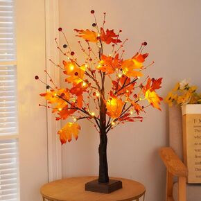 Falll Tree with Lights, Fall Decorations for Home, USB/Battery Operated Lighted Maple Tree, Thanksgiving Decorations Office Indoor Harvest Wedding Party Autumn Decor, 24 inches 24 LED