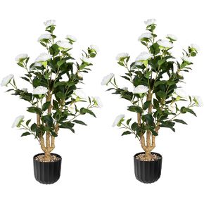 38" Artificial Camellia Tree 2 Packs, Faux Camellia Plant in Pebbles Pot with White Flowers, Greenery Camellia Tree for Spring Home Front Door Outdoor Indoor Decoration, White