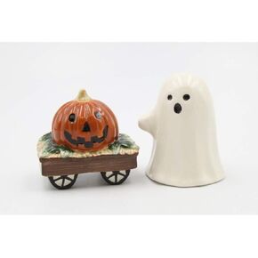 Fine Ceramic Cute Halloween Casper Costume with Pumpkin Wagon Salt & Pepper Shakers Set, 3-1/4" H